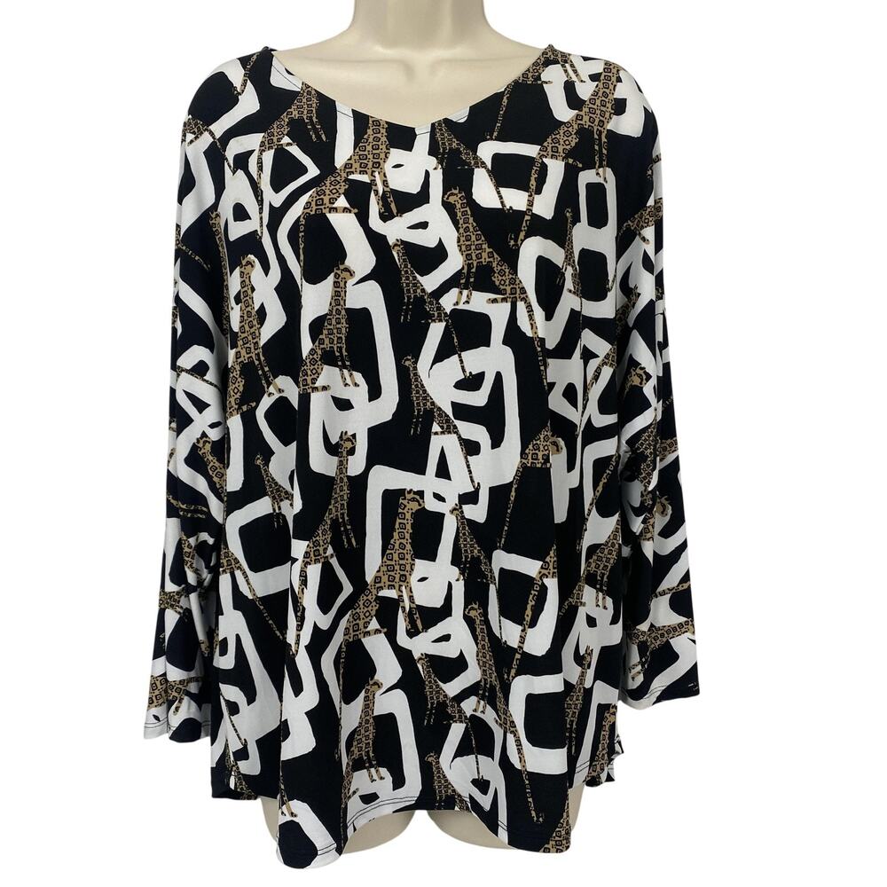 Chicos Tunic Top Size 3 Black Animal Print Dolman Sleeve‎ Safari Travel Knit XL
